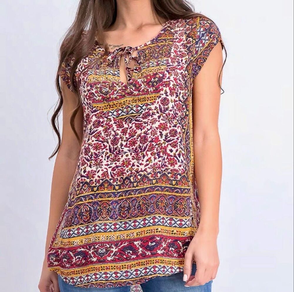 Lucky Brand Women’s Floral Printed Tie Neck Beaded Top Size Medium